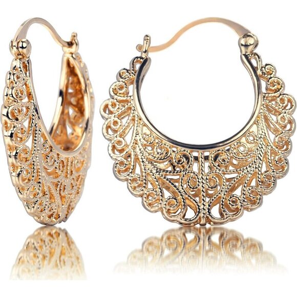 Vintage Women's Gold Filigree Oval Hollowed Gold Plated Dangle Earrings - Picture 1 of 8